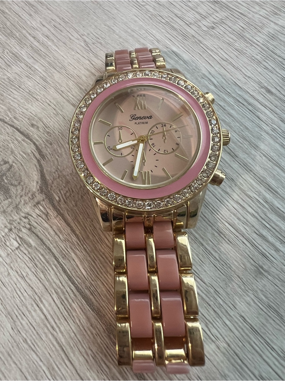 Geneva Gold Tone Watch with Pink Dial and Bracelet Inlays - Picture 2 of 4